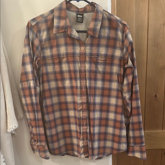 REI Tops - REI Orange Blue Long Sleeve Notched Collar Shirt